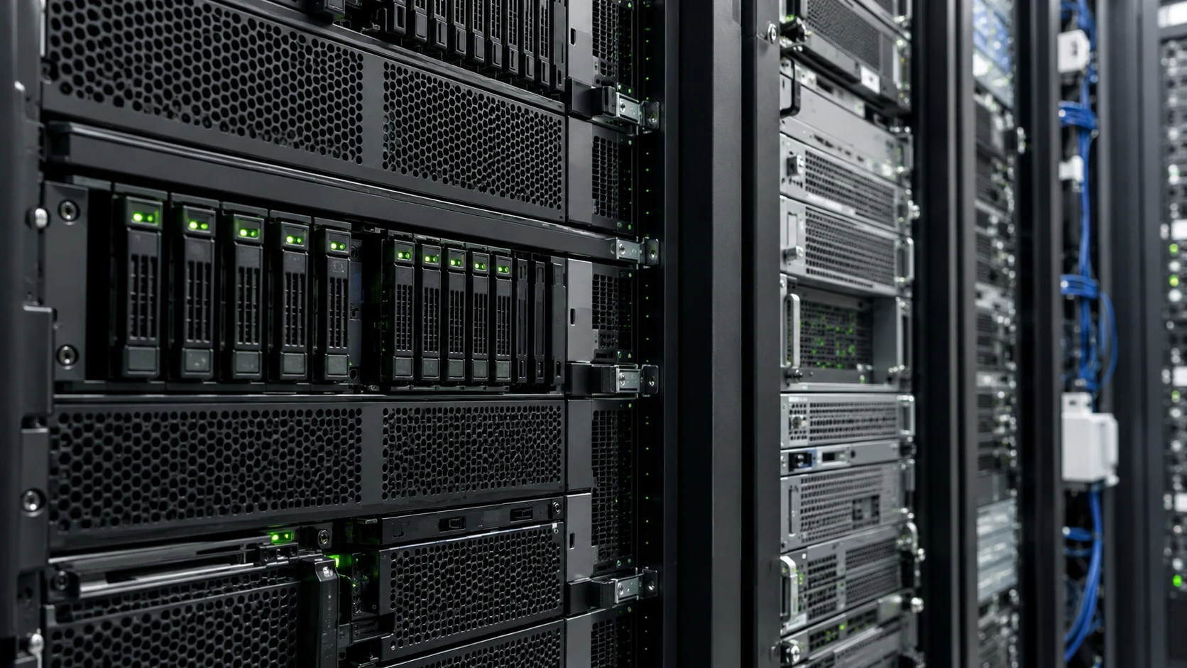 Close-up of enterprise storage and server hardware, shown as illustrative imagery