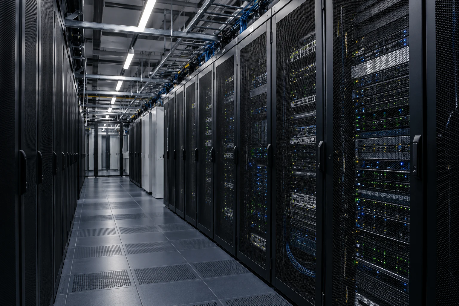 Server racks along a contemporary data-centre aisle, shown as illustrative imagery